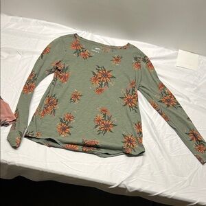 Sonoma Olive Green Long Sleeve Top with Orange Floral Print